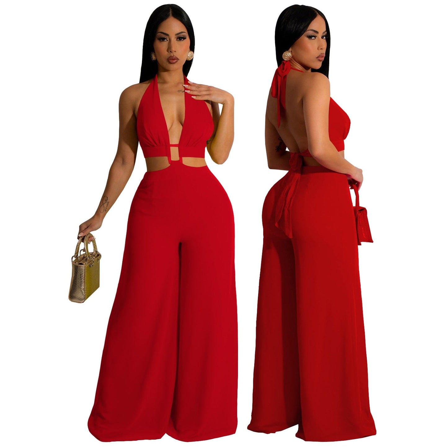 S / Red Trendy Women Clothes Solid Color Bandage Halter Backless Wide-leg Jumpsuit