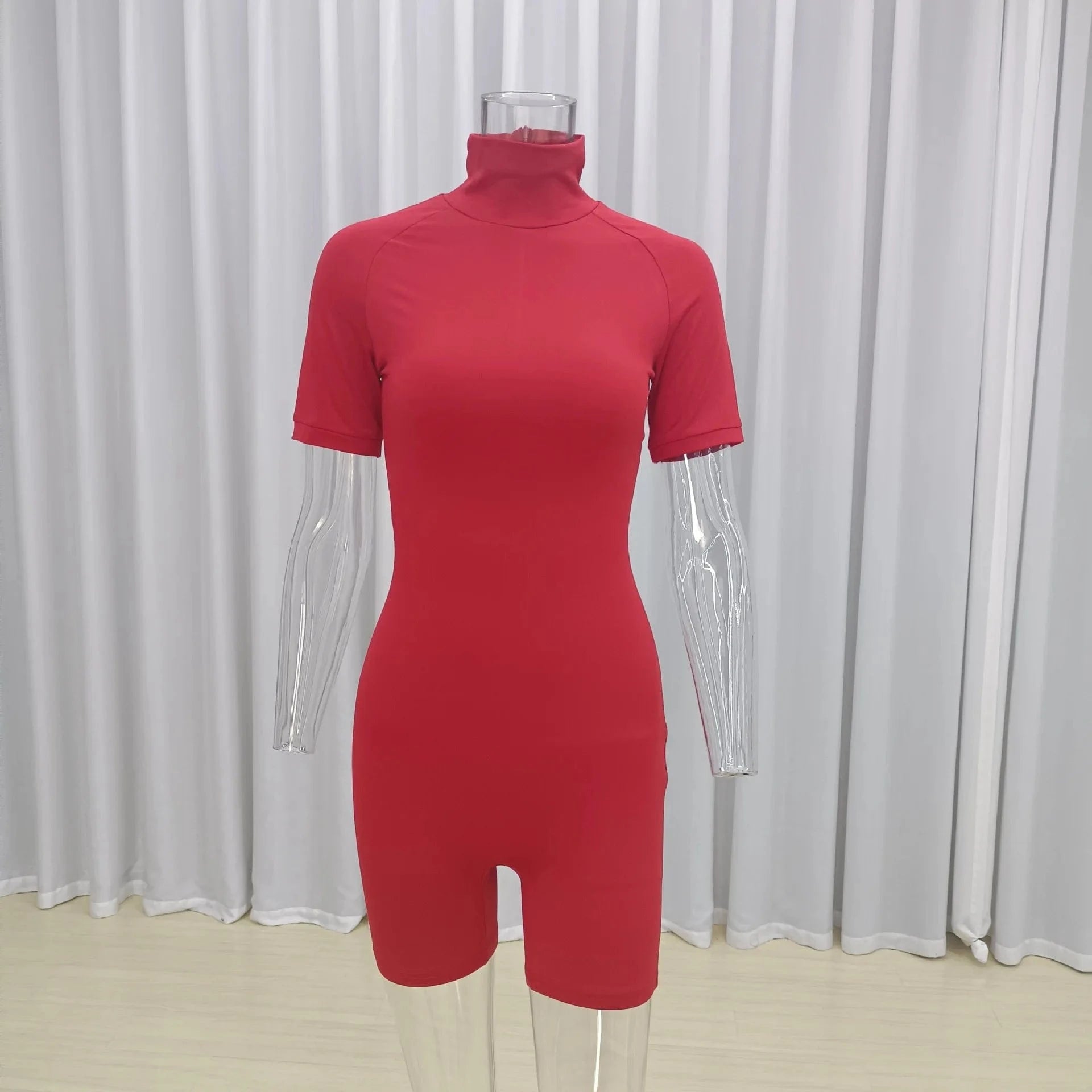 S / Red Wholesale Jumpsuits Skinny Short Sleeve Turtle Neck Onesies Playsuit Jumpsuit Summer Bodysuits for Women
