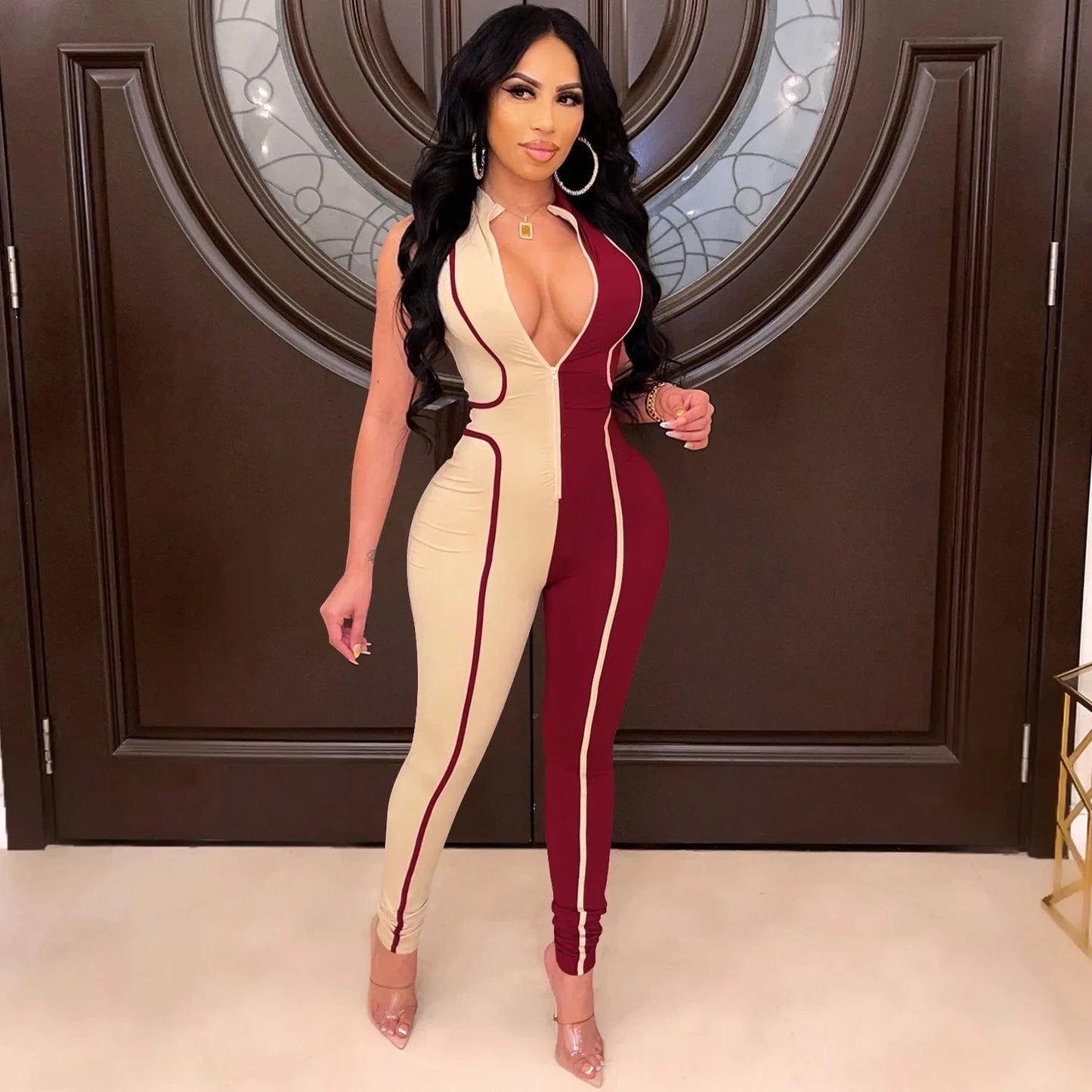 S / Red Women's boutique women's autumn hot styles hit color fashion jumpsuit women sleeveless zipper jumpsuit