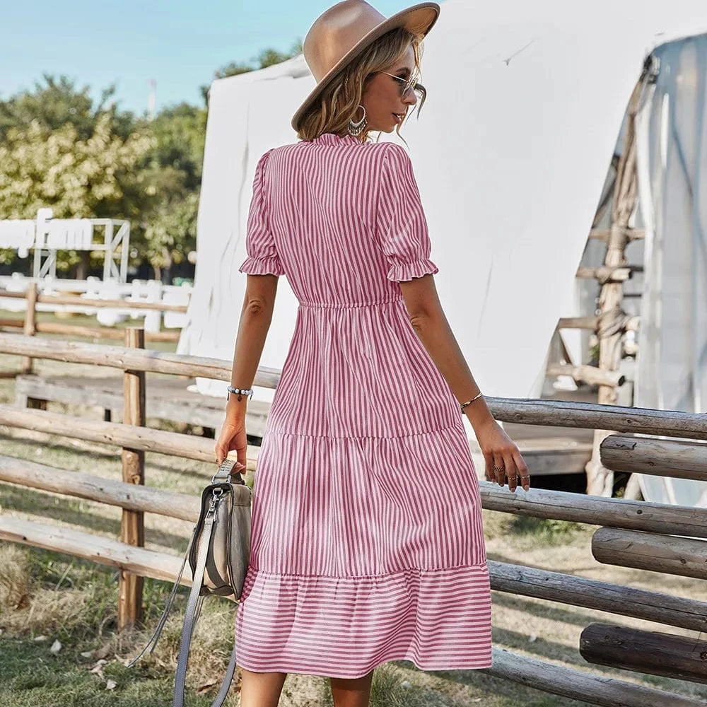 S / Red Women's Summer Clothing 2023 New Hot Style Printed Fashion Loose Elegant Striped Short-Sleeved V-neck Dress
