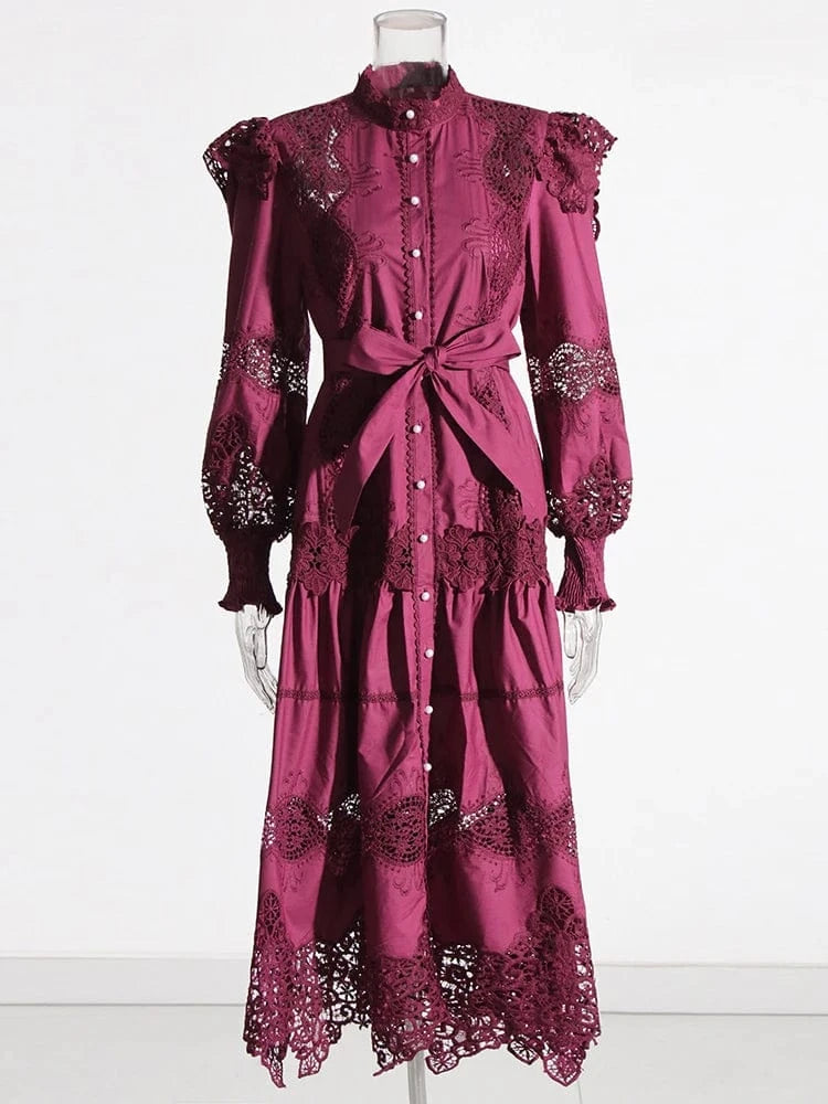 S / rose CHICEVER Elegant Round Neck Long Sleeve High Waist Solid Color Long Dresses Women Dress