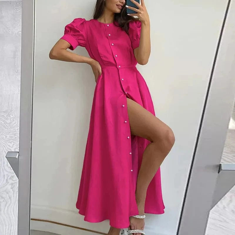 S / Rose Madder 2024 Summer European and American New Solid Color Temperament Slim Fit High Waist Cardigan Button Mid length Dress