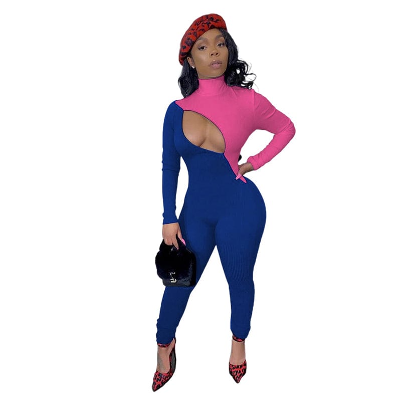 S / Rose Madder Fashion Women Spring Turtleneck Solid Color Pit Zipper Color Matching One Piece Bodycon Jumpsuit