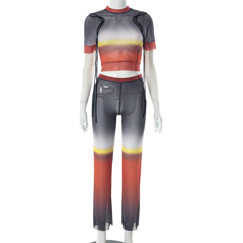 S / Rose Madder New Arrivals Wholesale Gradients Patchwork Mesh See Through Biker Sets 2 Piece Shorts Set