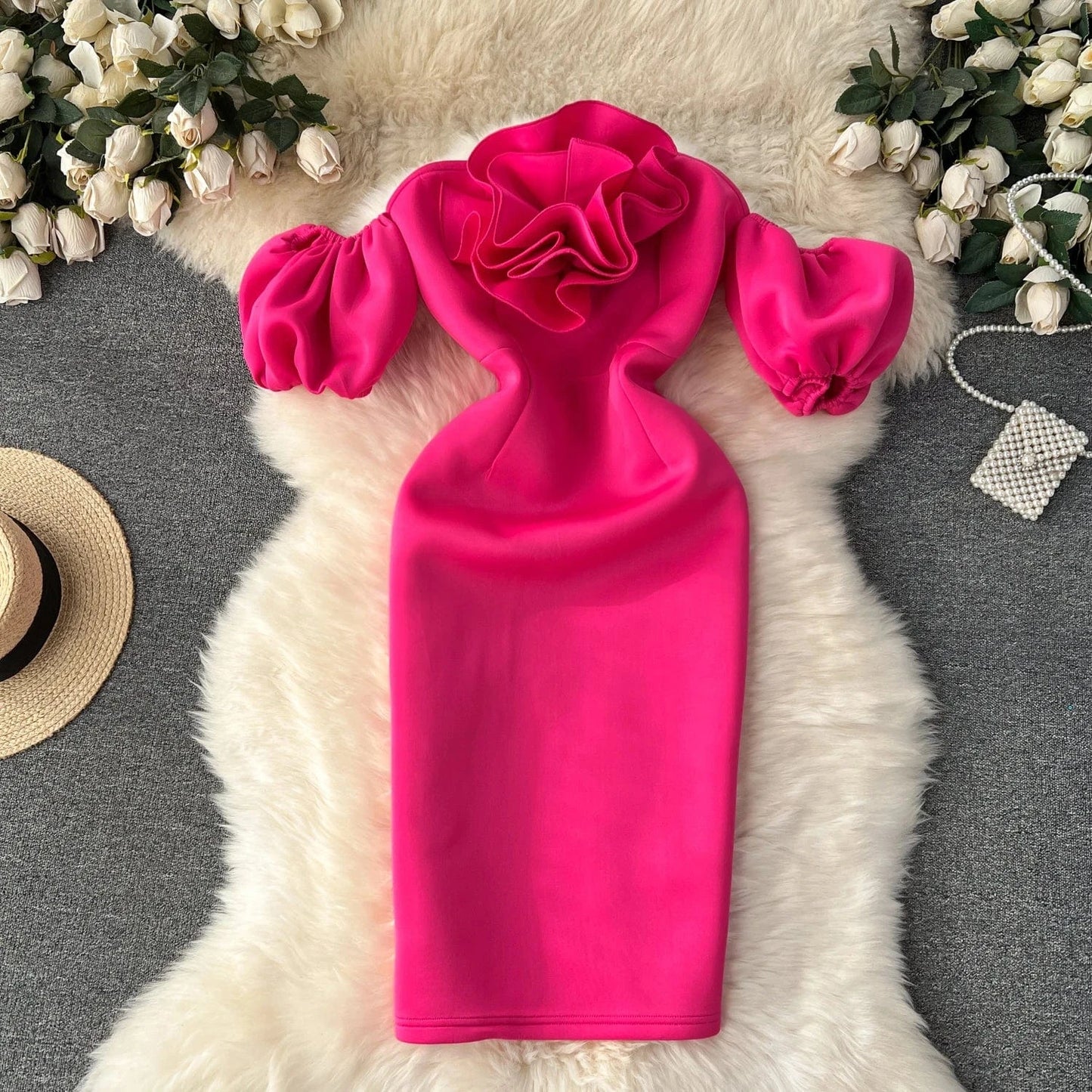 S / Rose Madder Summer Celebrity Dress Slim Light Luxury Banquet Ruffle Bag Buttock Dress