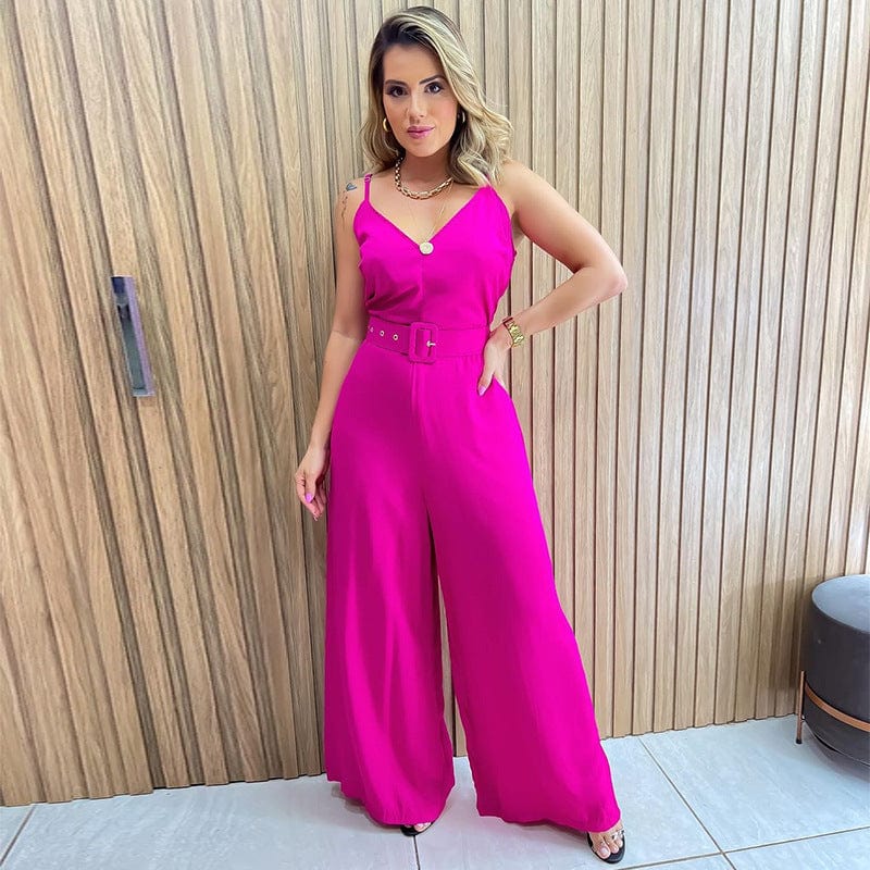 S / Rose Madder Summer new women's clothing jumpsuit sexy camisole V neck sleeveless waist solid ladies romsuit women loose wide leg jumpsuits