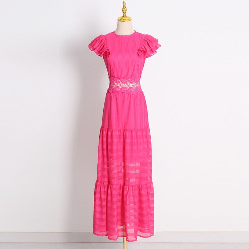 S / Rose Madder Temperament Lady Style Solid Long Skirt 2022 Autumn New Round Neck Sleeveless Ruffle Lace Hollow Dress