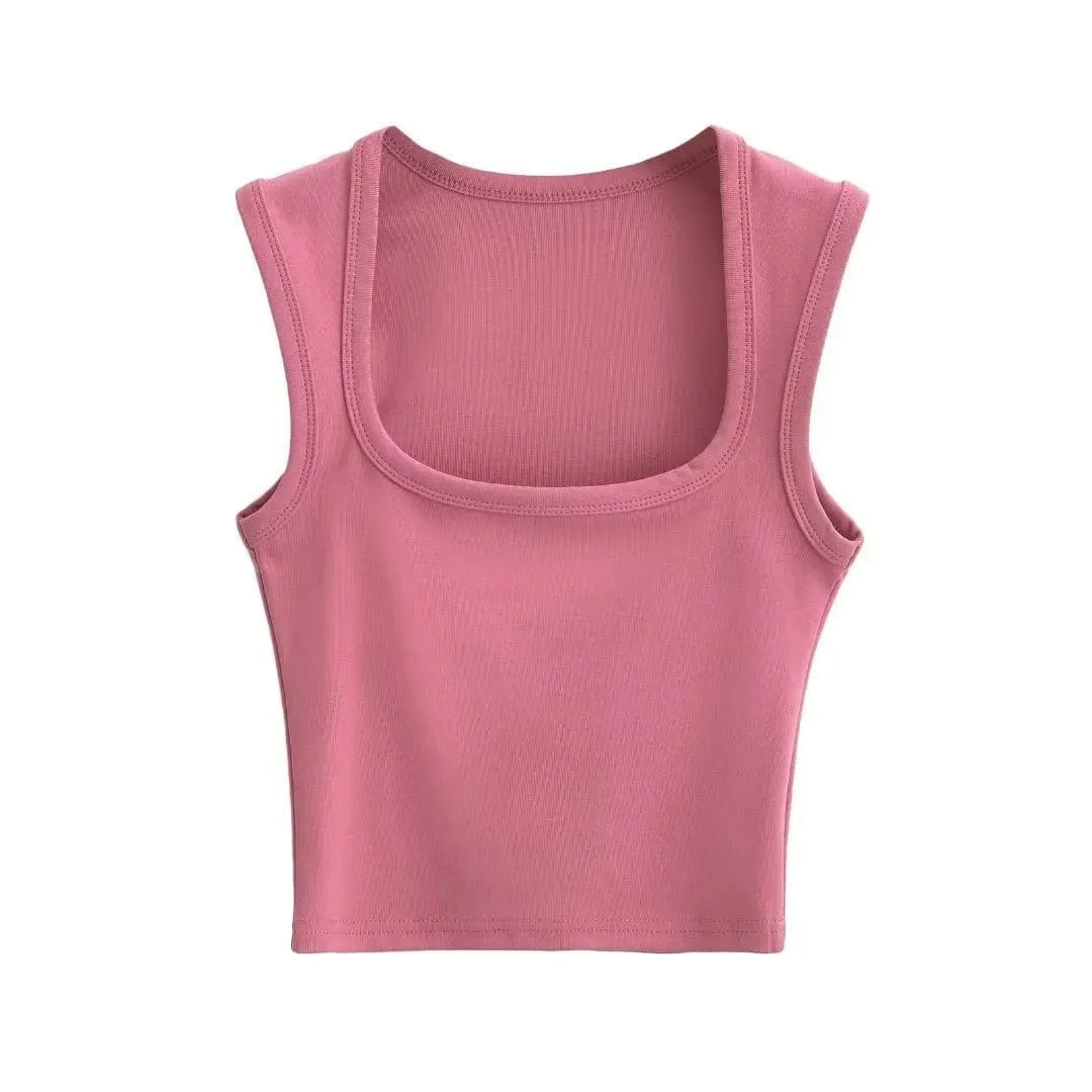 S / Rose pink 24 colors Custom logo blank plain Square Neck deep Wide Rib Stretchy Sleeveless Women's Tank top women crop top