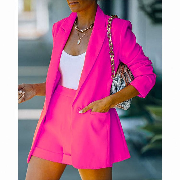 S / rose pink Two Piece Blazer Suit Women Office Sets 2023 Fashion Shorts Solid Lady Casual Blazers Set Long Sleeve Cardigan Blazer Shorts Set