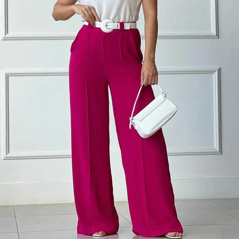 S / Rose red 2024 Women Spring and Summer Thin Pants Solid Color Loose Pleated Wide Leg Casual Pants Half Elastic Waist