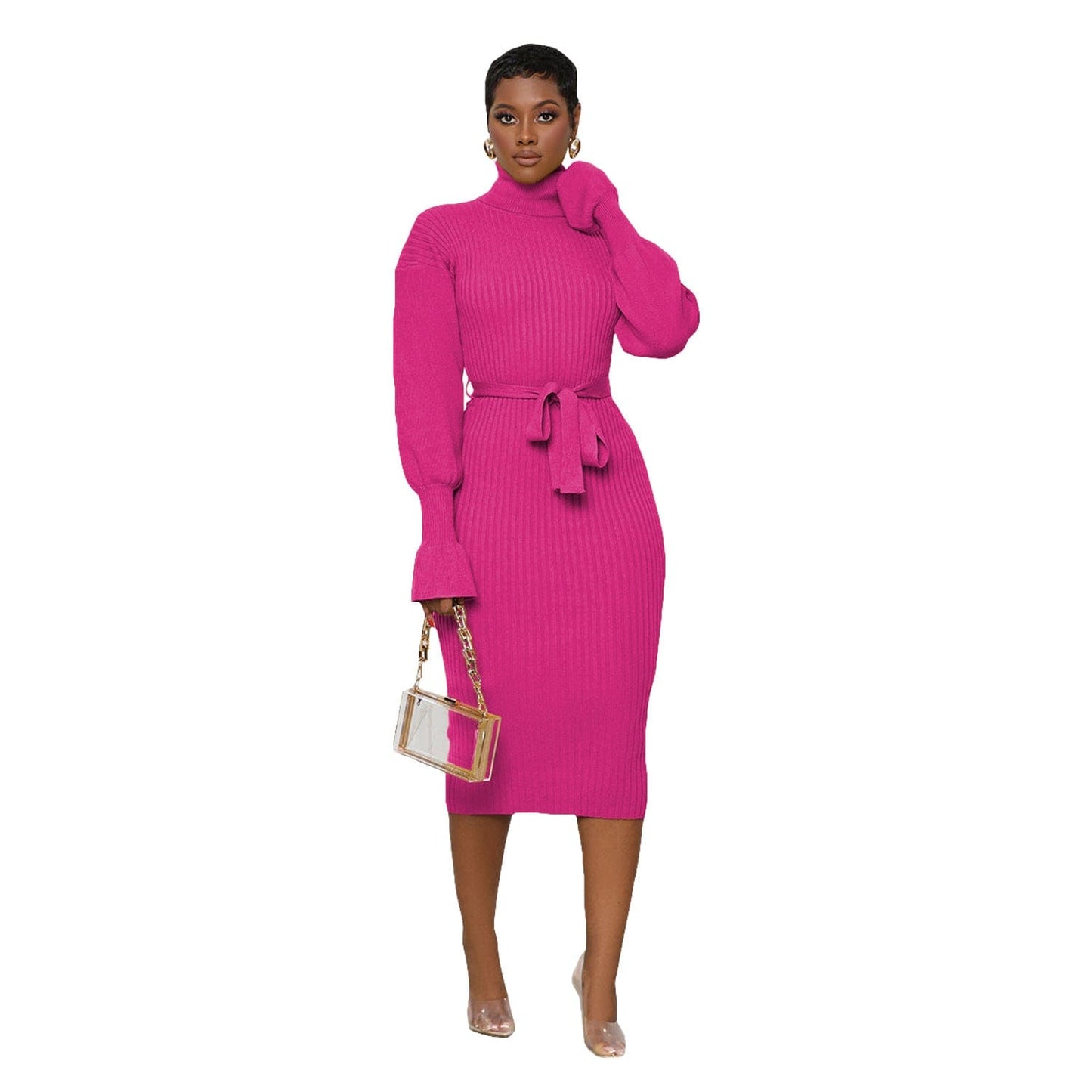 S / Rose Red C1103TA87 Wholesale Casual Solid Color Stand Collar Knitted Bodycon Dress Women Sehe Fashion