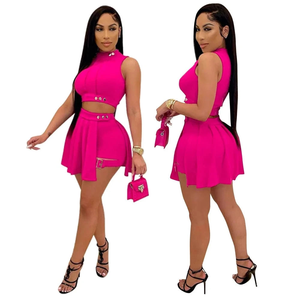 S / Rose red New Arrival Two Piece Skirt Sets Women Clothing Solid Sleeveless 2 Piece Skirt Suit Set for Ladies