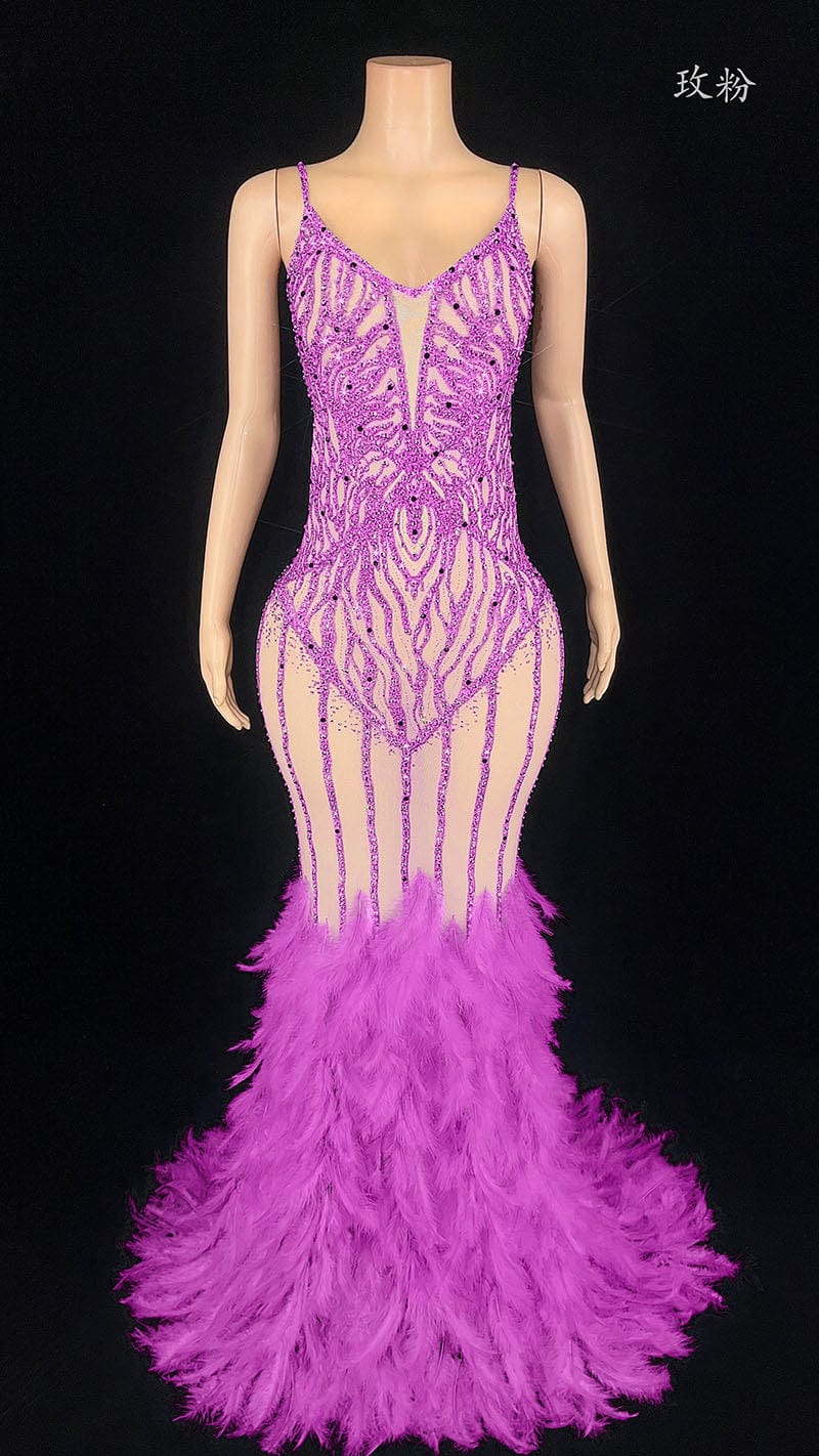 S / rose red NOVANCE evening dresses 2023 ball gown shiny diamonds gray feather dress with feathers vestidos elegantes para mujer for evening