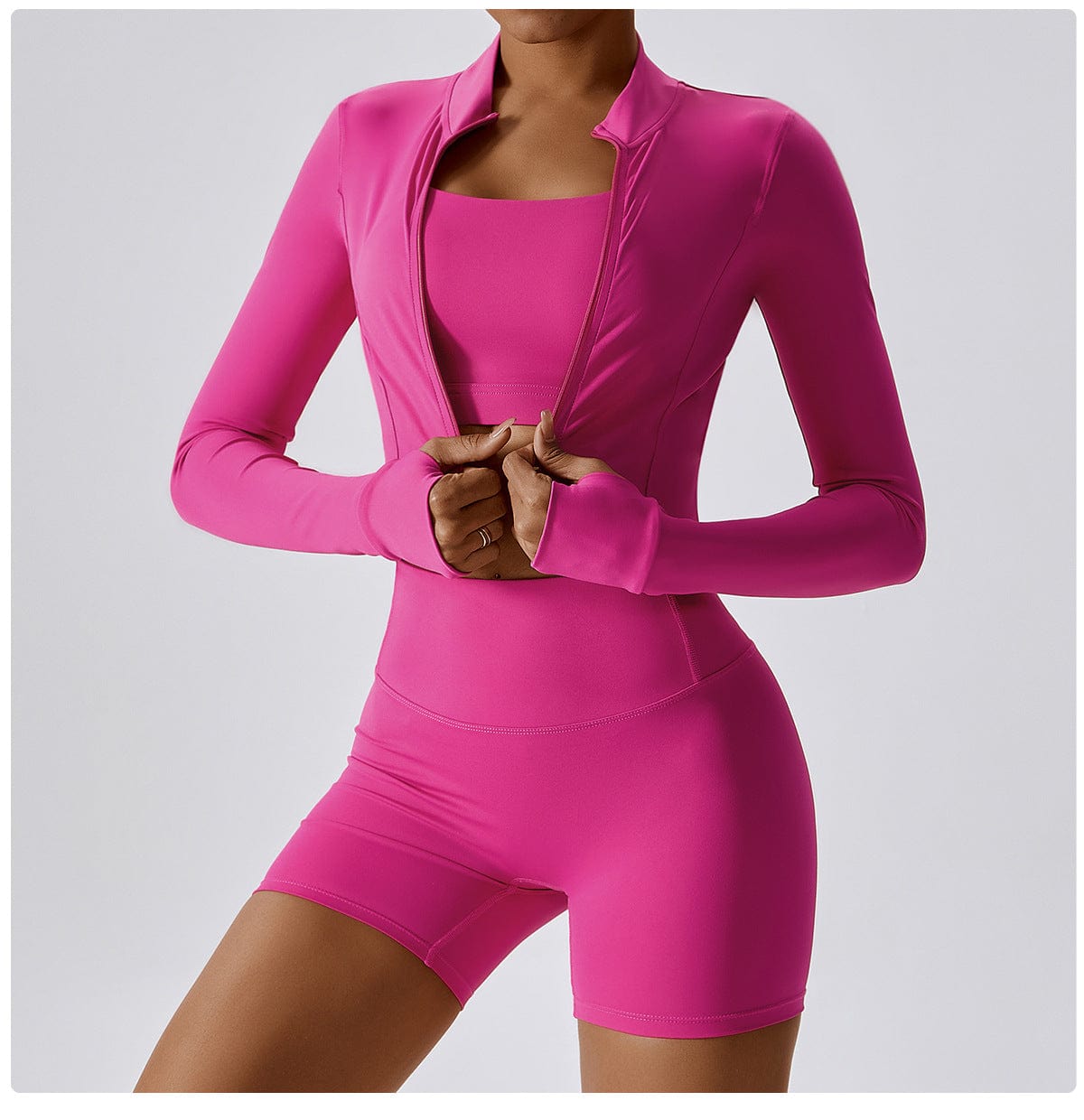 S / Rose red OEM Workout outfits 3 pieces outdoor sports lulu naked tight yoga top jacket high waist shorts three pieces fitness yoga sets