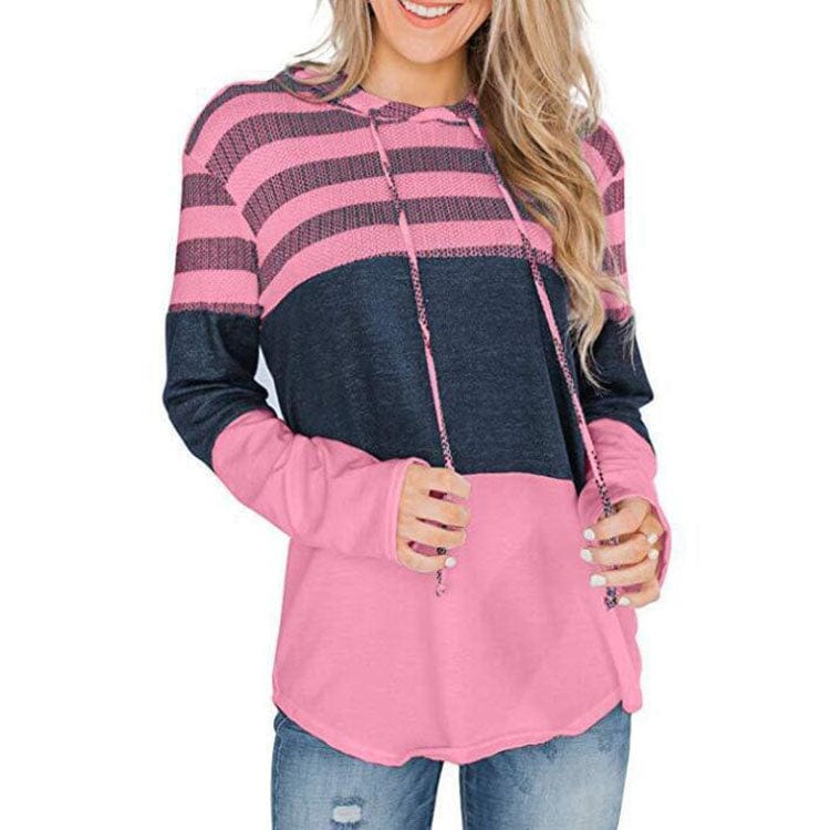 S / Rose Red Vintage Patchwork Women's Loose T-shirt Autumn Casual Long Sleeve Pullover Hooded T Shirts for Women