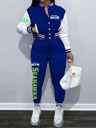 S / seahawks Custom  plus size women's sets sport botton baseball uniforms sweatsuit ladies jacket and pants women two piece set