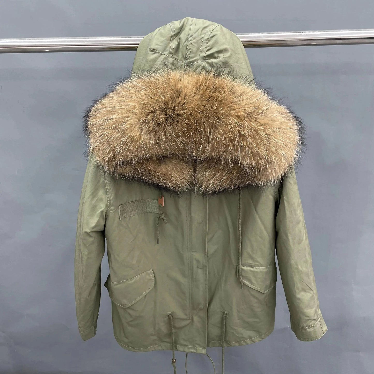 S / Short green +natural color fur Wholesale Lady Hoodies Warm Plus Size Winter Fur Parka