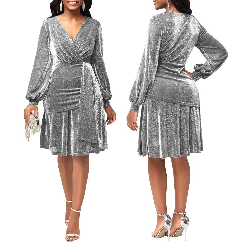 S / silver C1103TA21 High Quality Elegant Solid Color V Neck Spliced Pleated Night Dress Women Sehe Fashion