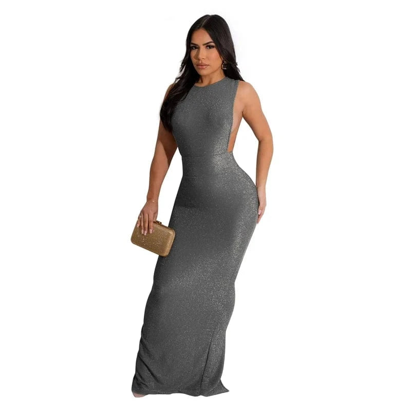 S / silver korean elegant luxury women golden sleeveless long gown evening wear dress 2024 elegant women silver evening party clothes