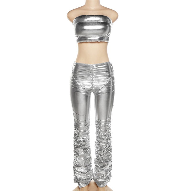S / silver set Sharee Clothing Spring 2023 Y2K Womens Clothing Street Fashion Silver Sexy Tube Tops And Pants Sets Women Two Piece Set