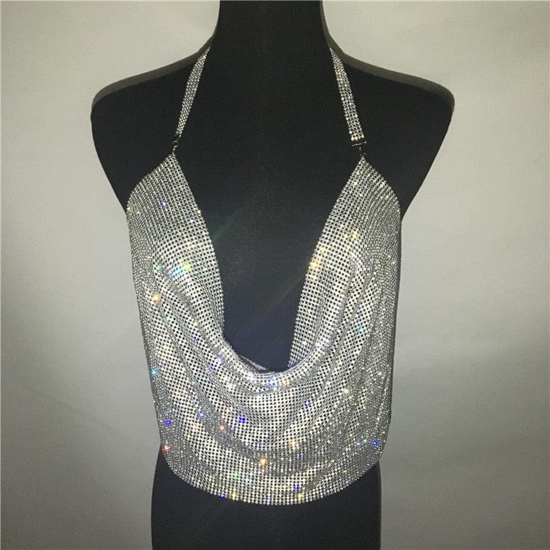 S / silver SHIHAN 2023 New Sexy rhinestones top color chainmail diamond party crystal deep V crop top for fashion festival vest women