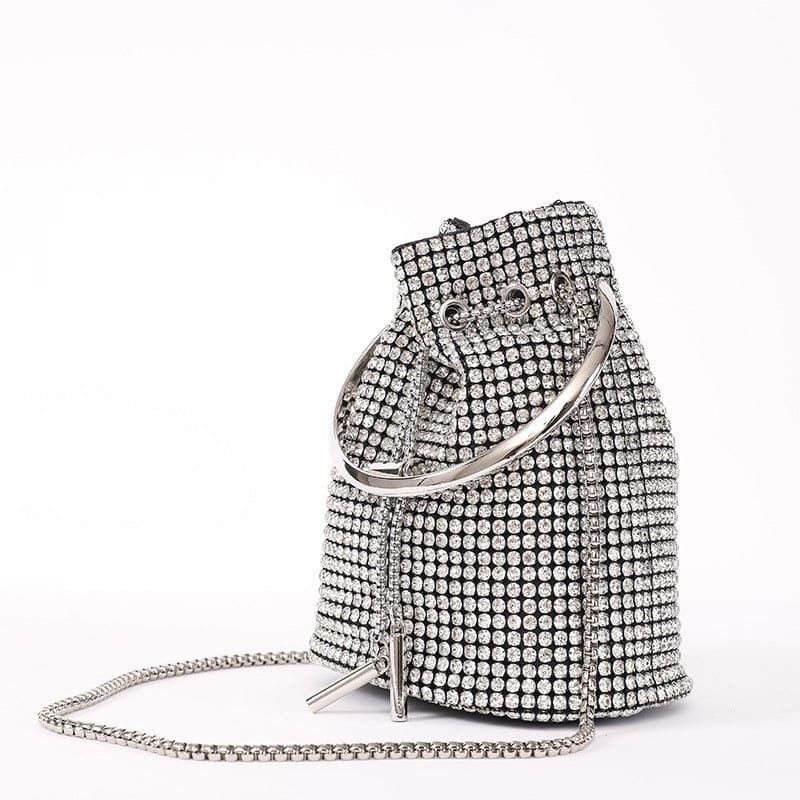 S / silver Trendy Women's Handmade Bling Bucket Evening Bag Ladies Rhinestone Crystal Party Clutches Purse Shoulder Tote Dinner Handbag