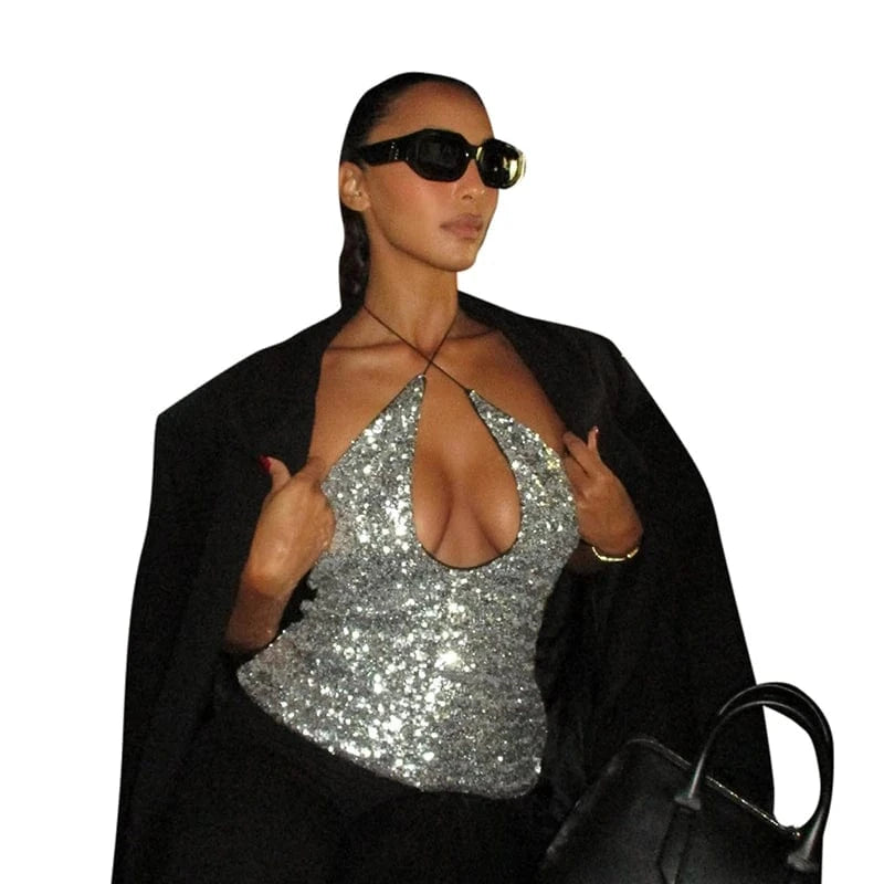 S / silver W-S1146A Sparkle Silver Sequin Tanks & Camis Sexy Party Night Club Backless Hollow Cross Halter Crop Top