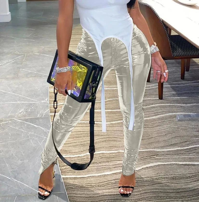 S / silver Womens stretch girls sexy fashion faux leather sexy shiny metallic trousers lady PU pants with straight-leg