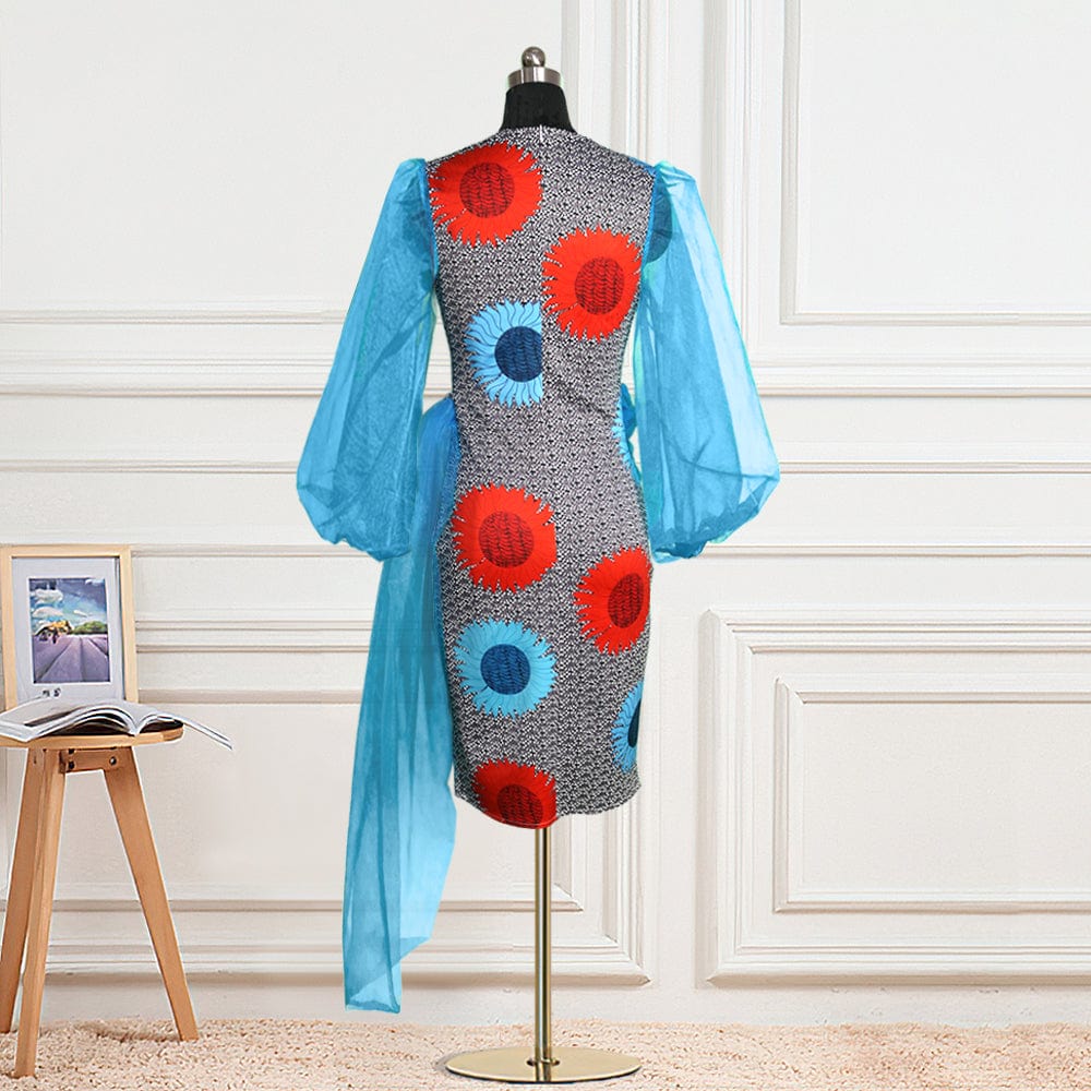 S / Sky Blue Blue Bodycon Sexy Print Long Transparent Sleeve Patchwork Lady Casual Dress