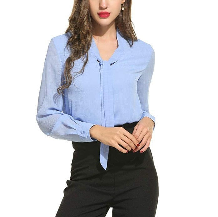 S / Sky Blue Casual Green Long Sleeve  Shirt Summer Spring Neck Tie Satin Blouse Elegant Work Wear Loose Female Solid Top Ladies Blouse