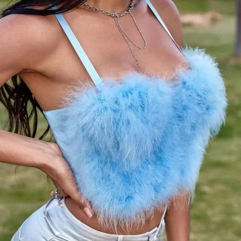 S / Sky Blue Customized Wholesale hot sale cute feather underwear white black pink fluff women's bra