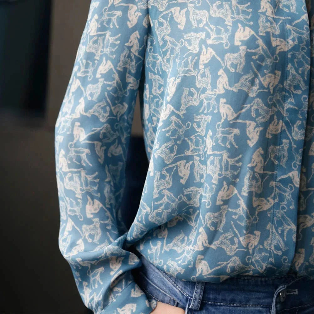 S / Sky Blue Exquisitely Pattern Print Women Fashion Blouse Button Long Sleeve Ladies Casual Blouse