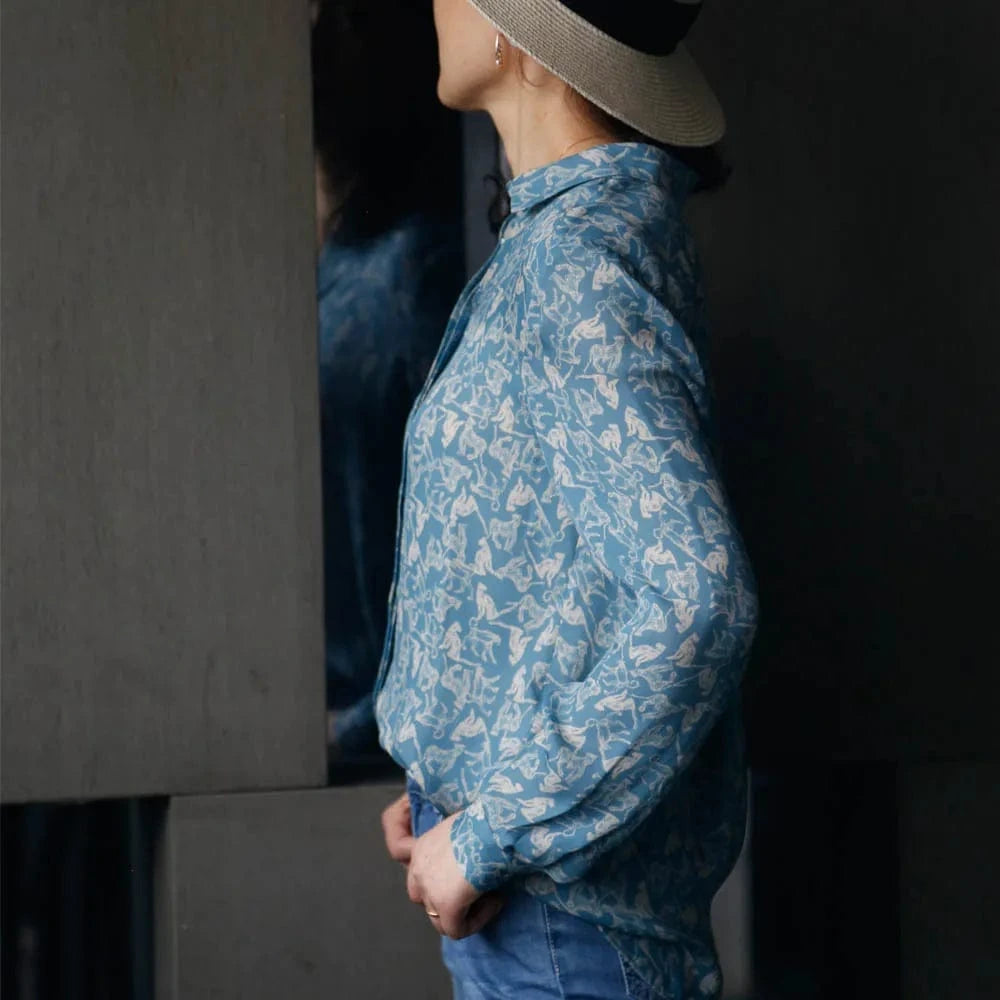 S / Sky Blue Exquisitely Pattern Print Women Fashion Blouse Button Long Sleeve Ladies Casual Blouse