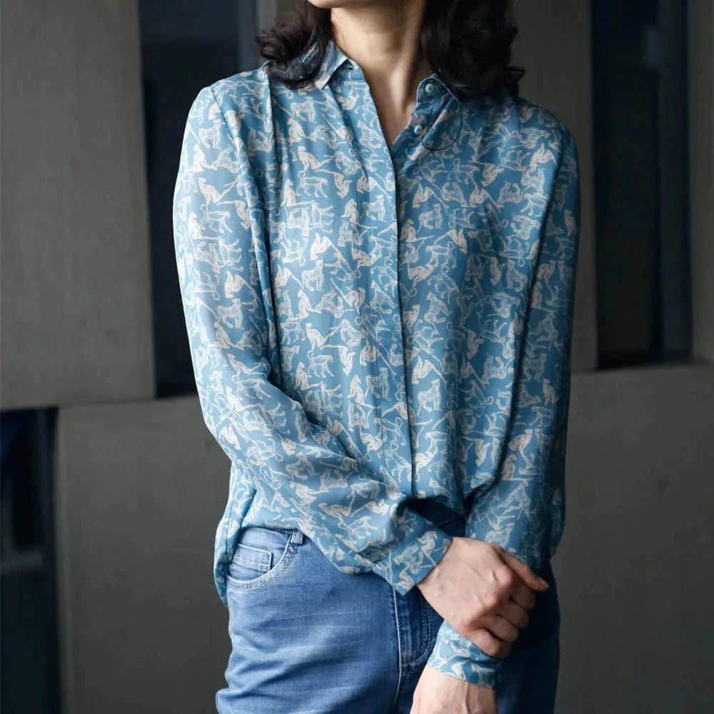 S / Sky Blue Exquisitely Pattern Print Women Fashion Blouse Button Long Sleeve Ladies Casual Blouse