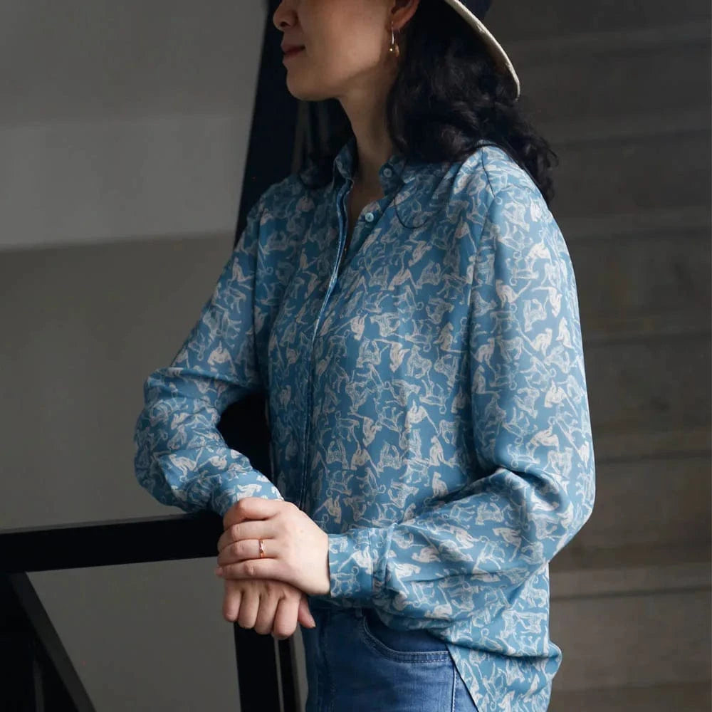 S / Sky Blue Exquisitely Pattern Print Women Fashion Blouse Button Long Sleeve Ladies Casual Blouse