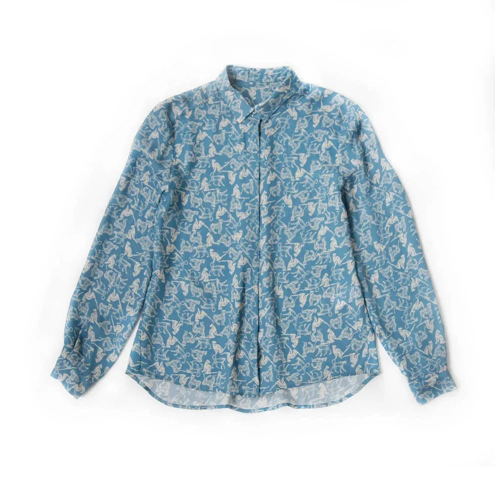 S / Sky Blue Exquisitely Pattern Print Women Fashion Blouse Button Long Sleeve Ladies Casual Blouse