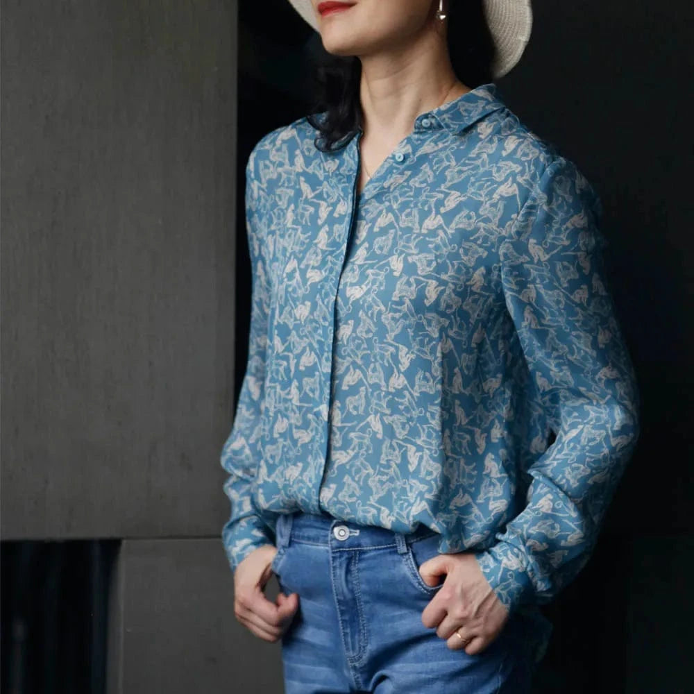 S / Sky Blue Exquisitely Pattern Print Women Fashion Blouse Button Long Sleeve Ladies Casual Blouse