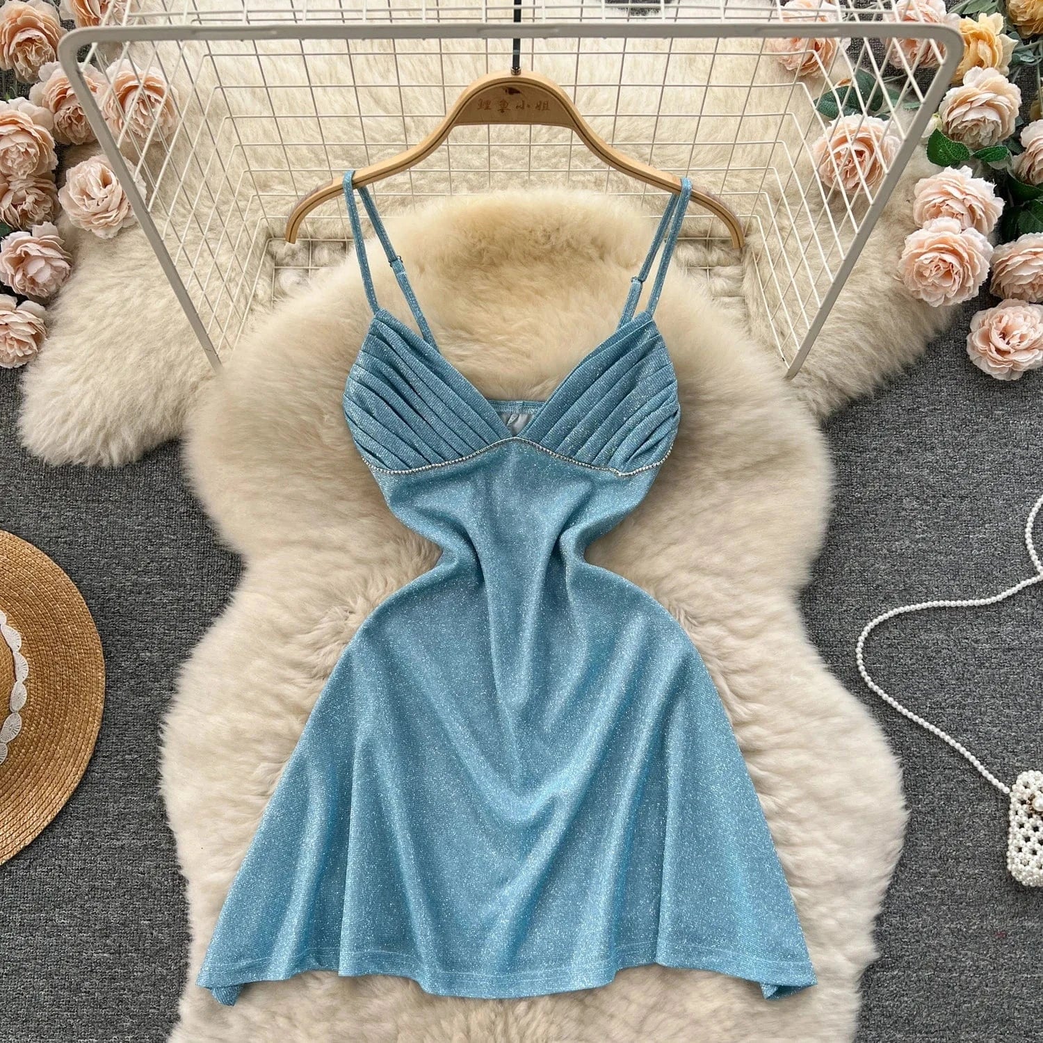 S / Sky Blue New Fashion New Sweet Women Sexy Spicy Girl V-neck Low Chest Open Back Bright High Waist Slim Hanging Strap Dress
