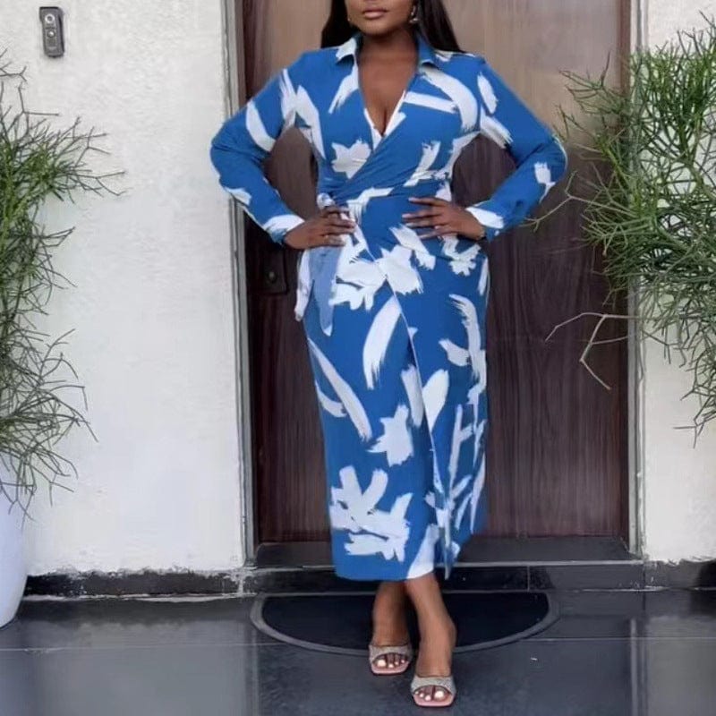 S / Sky Blue New One-Piece Fashionable Printing Cross Tie V-Neck Mid Waist Temperament Commuter Dress Office Wear Elegant Dresses