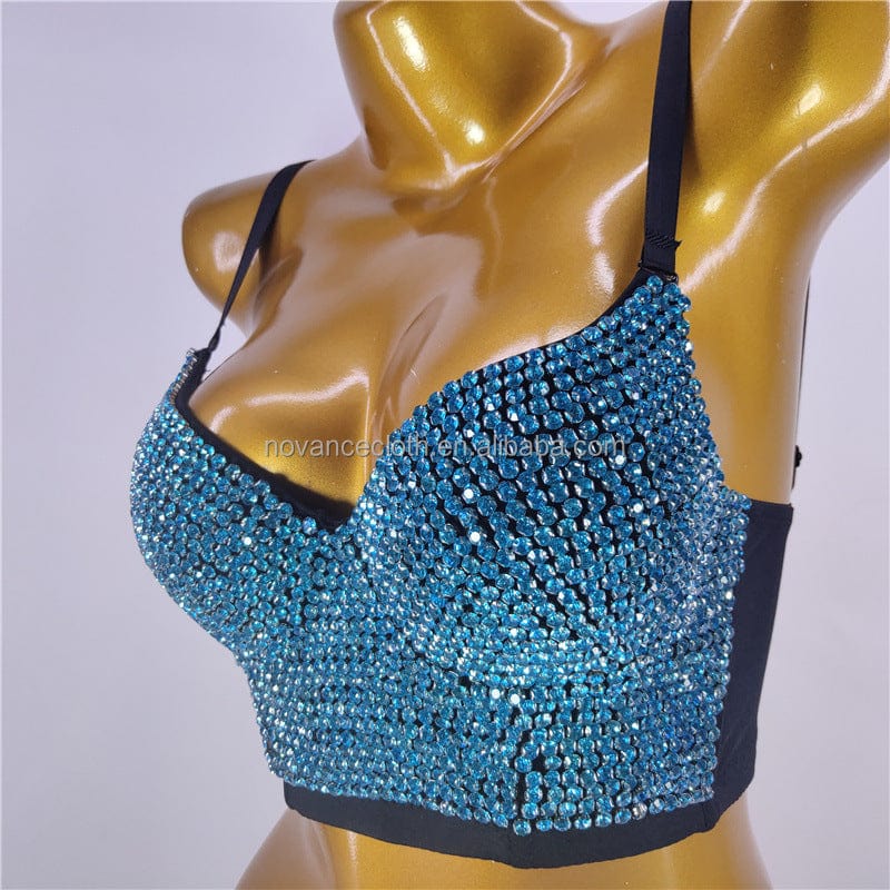 S / Sky Blue Novance Women Tops 2023 Shiny Sky Blue Crystal Fishbone Sling Singing And Dancing Stage Performance Sexy Camisole Ladies Clothes