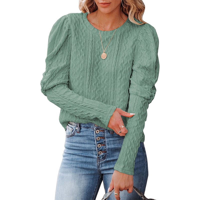 S / Sky Blue Pullover Women's European American New Solid Color Round Neck Gigot Sleeve Top Sweater Women