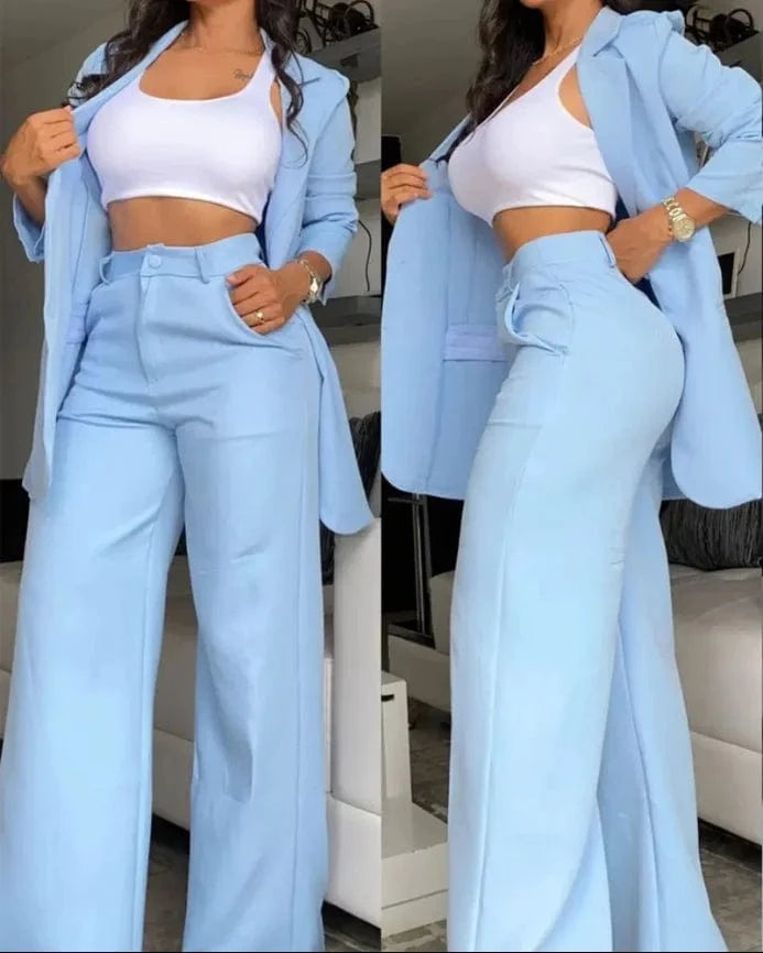 S / Sky Blue S-3XL Women's Elegant and Elegant Solid Color Split Sleeve Flip Collar Suit Pocket Straight leg Trouser Set