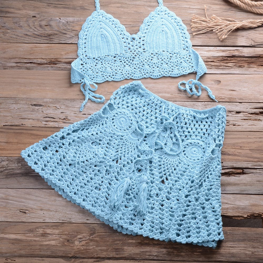 S / Sky Blue STYZ-6905+5909  Eco friendly swimwear women's crochet swimwear hand knit sexy split bikini suit ladies beachwear
