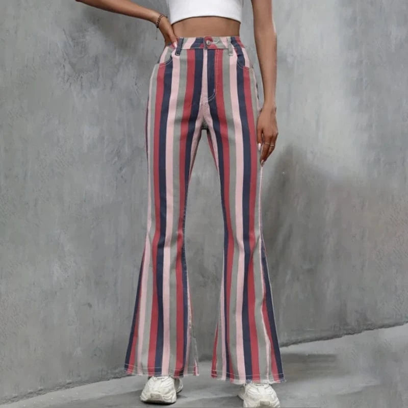 S / stripe CHICEVER Fashionable Stripe Hit Color Cotton High Waist Wide Leg Women Pants 2023