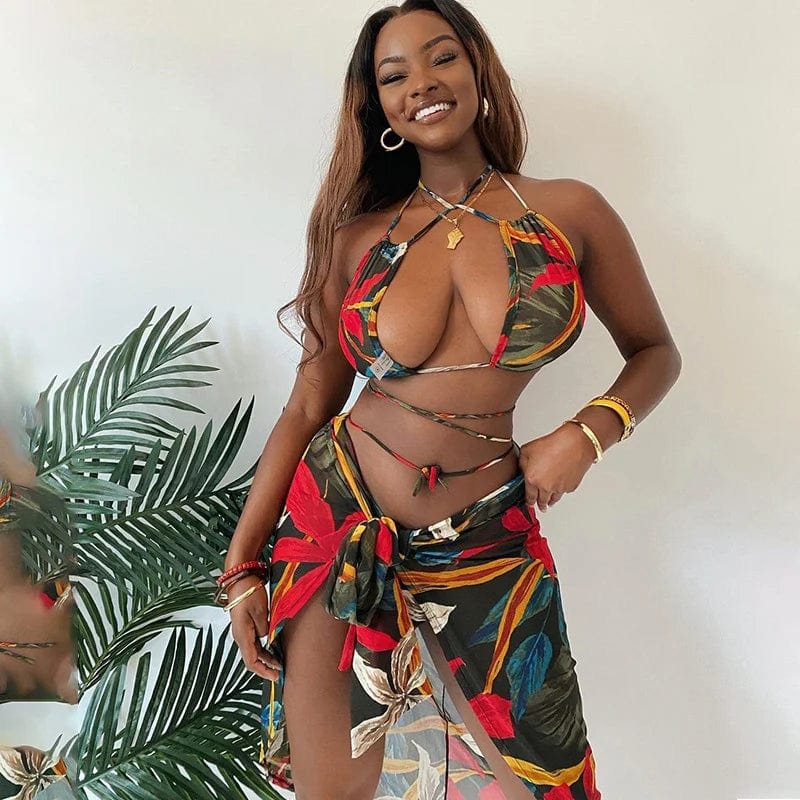 S / Style 1 Halter Bandage 3 Piece Bikini Set Women Swimwear 2023 Trend Beach Cover Up African totem print Bikinis with Skirt Sexy Swimsuit