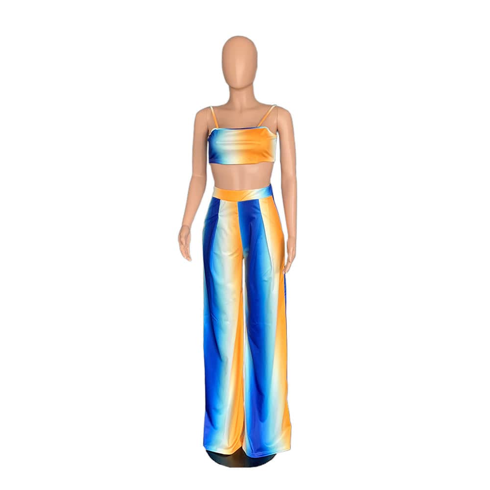 S to 2XL Women's summer sling gradient stripe printing wid-leg pants suit