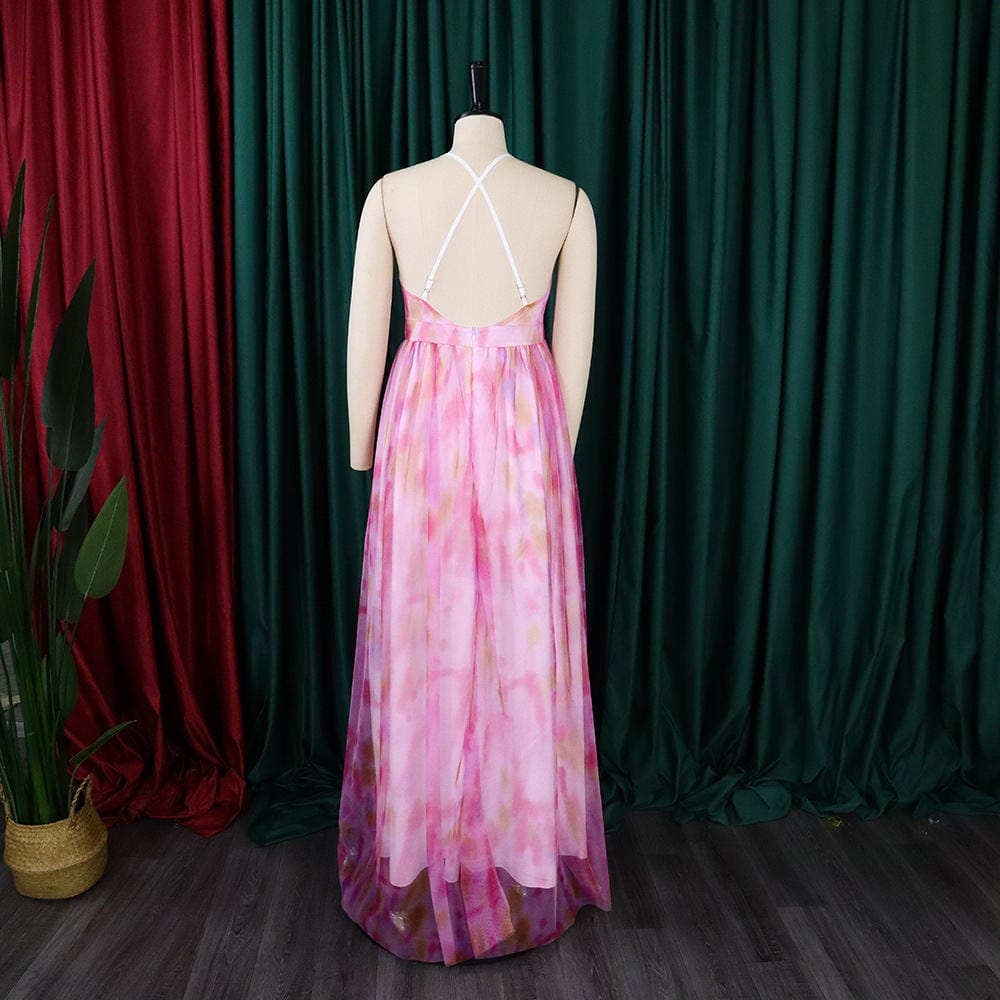 S to 3XL Casual Tie Dye Women Spaghetti Strap V-neck Big Swing Fit Flare Maxi Long Dress 2023 Party Prom Sexy Elegant Dresses