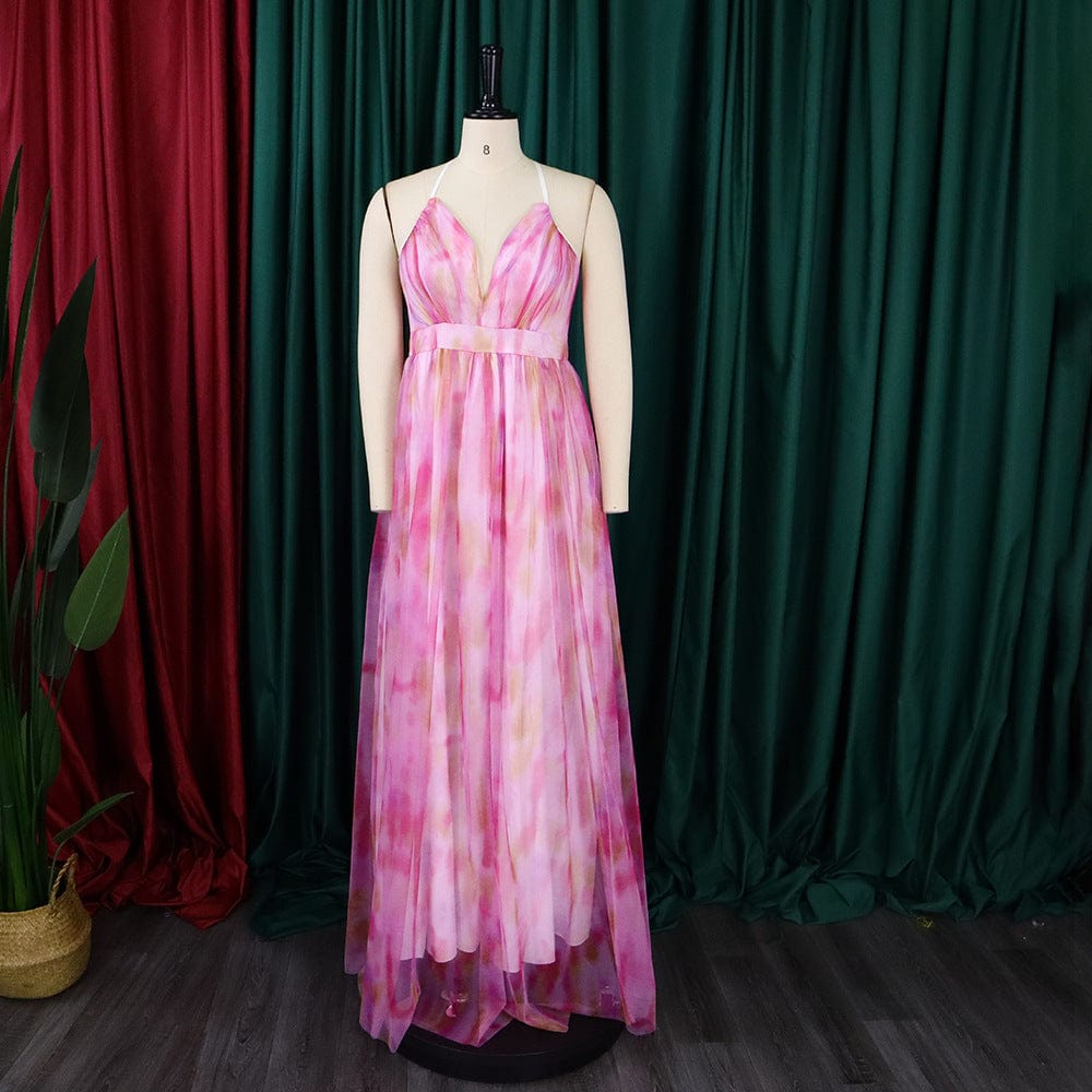S to 3XL Casual Tie Dye Women Spaghetti Strap V-neck Big Swing Fit Flare Maxi Long Dress 2023 Party Prom Sexy Elegant Dresses