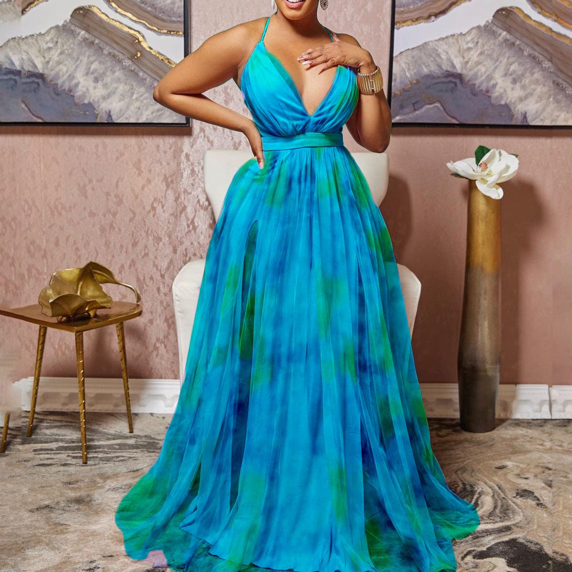 S to 3XL Casual Tie Dye Women Spaghetti Strap V-neck Big Swing Fit Flare Maxi Long Dress 2023 Party Prom Sexy Elegant Dresses