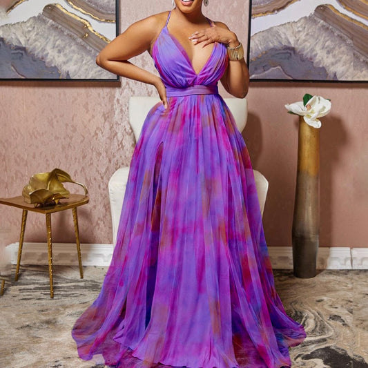 S to 3XL Casual Tie Dye Women Spaghetti Strap V-neck Big Swing Fit Flare Maxi Long Dress 2023 Party Prom Sexy Elegant Dresses